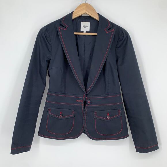 Moschino Navy Blazer With Red Contrast Stitching Peak Lapel Jacket - Picture 5 of 12
